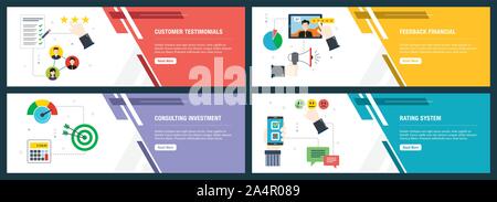 Web banners concept in vector with customer testimonials, feedback financial, consulting investment and rating system. Internet website banner concept Stock Vector