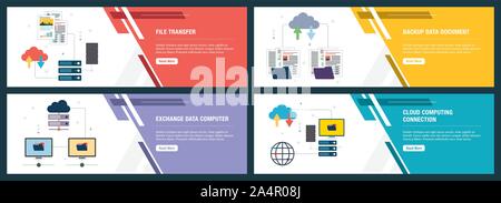 Vector set of vertical web banners with file transfer, backup data document, exchange data computer and cloud computing.Vector banner template for web Stock Vector