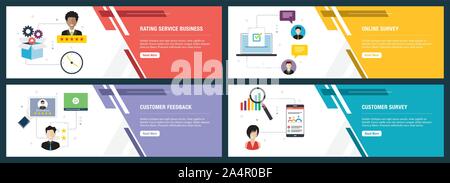 Vector set of vertical web banners with rating service business, online survey, customer feedback and customer survey. Vector banner template for webs Stock Vector