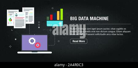 Big data machine concept. Internet banner with icons in vector. Web banner for business, finance, strategy, investment, technology and planning. Stock Vector