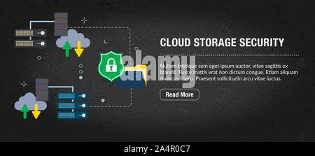 Cloud storage security concept. Internet banner with icons in vector. Web banner for business, finance, strategy, investment, technology and planning. Stock Vector