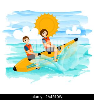 Floating banana boat with a couple on a tropical sea - Vector Stock Vector