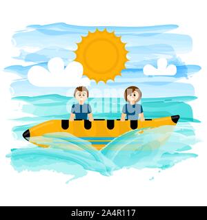 Floating banana boat with a couple on a tropical sea - Vector Stock Vector