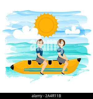 Floating banana boat with a couple on a tropical sea - Vector Stock Vector
