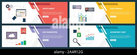 Web banners concept in vector with report market, gains financial, data organization and accountancy chart. Internet website banner concept with icon Stock Vector