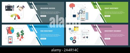 Web banners concept in vector with measuring success, smart investment, risk investment and investment document. Internet website banner concept with Stock Vector