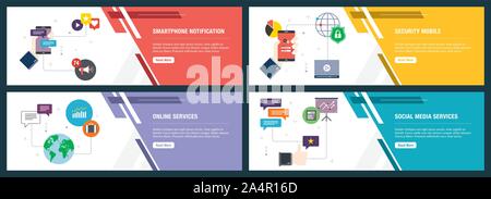 Vector set of vertical web banners with smartphone notification, security mobile, online services, social media services. Vector banner template for w Stock Vector