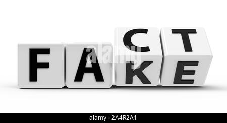White cubes with flip cube create words - Fact and Fake - on a white table, three-dimensional rendering, 3D illustration Stock Photo