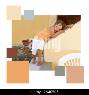 Color matching analogous palette from picture of cute baby boy on the terrace of terracota painted Mediterranean house outdoors. Stock Photo