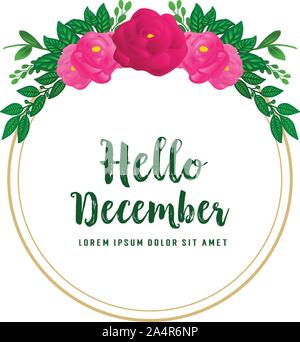 Poster text of hello december, with green leaves frame background and pink rose flower. Vector Stock Vector