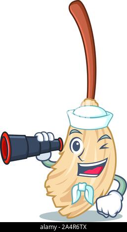 Sailor with binocular broom isolated in on the mascot Stock Vector