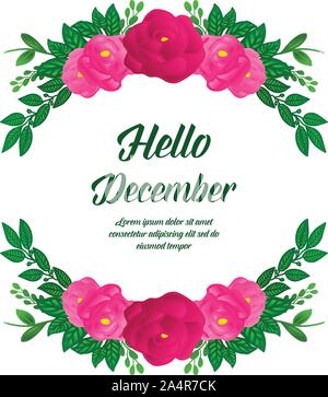 Poster text of hello december, with green leaves frame background and pink rose flower. Vector Stock Vector