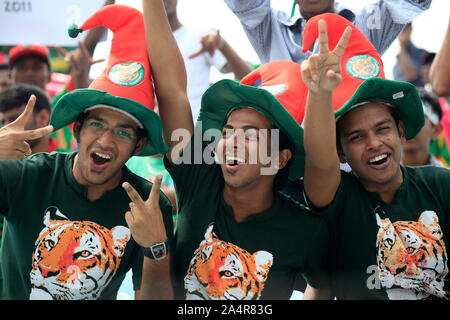 Three Bangladeshi fans cheer for their team, at the England versus Bangladesh match of the ICC Cricket World Cup 2011, in Zahur Ahmed Chowdhury Stadium, Chittagong, Bangladesh. March 11, 2011. Stock Photo
