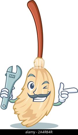 Mechanic broom behind in the character door Stock Vector