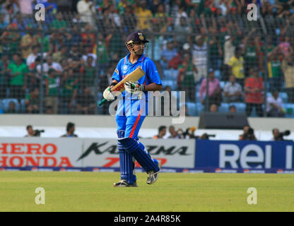 The Indian opening batsman Virender Sehwag bats during the opening match of the ICC Cricket World Cup 2011, at Sher-e-Bangla National Stadium, Mirpur, on 19th February, 2011. Dhaka, Bangladesh. Stock Photo