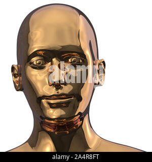 Head of golden man android face iron polished solid. Futuristic humanoid robot character close-up portrait metallic. 3d illustration