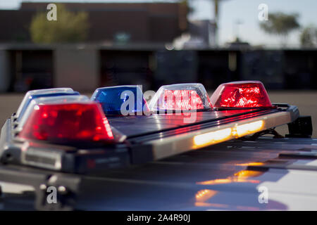Picture of a Red and Blue Police Light Bar with Amber traffic control lights,Emergency Vehicle Lights Stock Photo