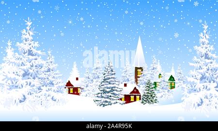 Winter rural landscape. The night eve Christmas. Village, snow, forest. Shining stars and snowflakes in the night sky. Christmas winter night scene. W Stock Vector