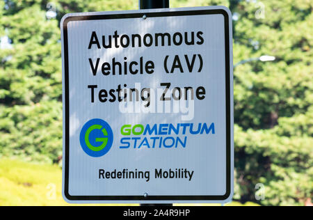 Autonomous vehicle testing zone sign. GoMentum Station is a testing ground for connected and autonomous vehicles Stock Photo