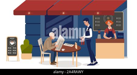 Sidewalk Cafe. Senior man reading newspaper in outdoors cafe. Colorful flat cartoon style isolated vector illustration Stock Vector