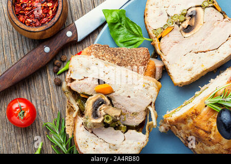 Appetizing traditional meat terrine for Christmas.Holiday food Stock Photo