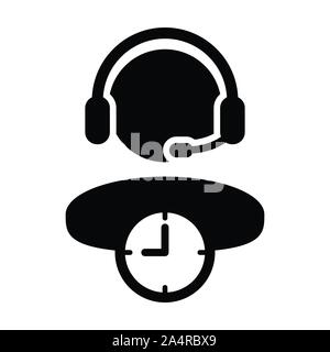 Service icon vector clock symbol and male business support person profile avatar with headphone for online assistant in glyph pictogram illustration Stock Vector