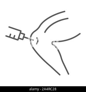 Knee injection thin line icon, orthopedic and medical, bone injection sign, vector graphics, a linear pattern on a white background. Stock Vector