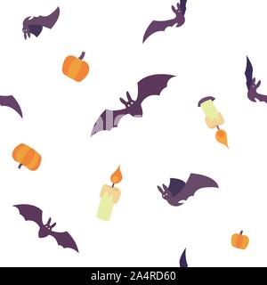 Vector seamless pattern with orange pumpkins, candles and purple bats isolated on a white background. Endless texture. Template for greeting cards and Stock Vector