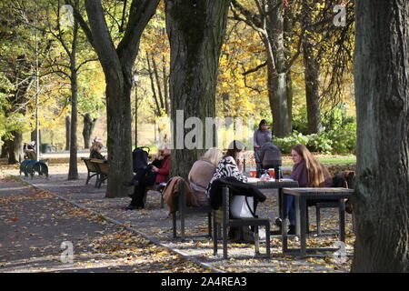 Vilnius, Lithuania. 15th Oct, 2019. People view autumn scenery at a park near the Cathedral Square in Vilnius, Lithuania, Oct. 15, 2019. Credit: Guo Mingfang/Xinhua/Alamy Live News Stock Photo