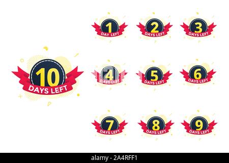 Sale countdown days to go set with ribbon badge icon sign. Red ribbon, numbers, abstract elements behind isolated on white background. Stock Vector