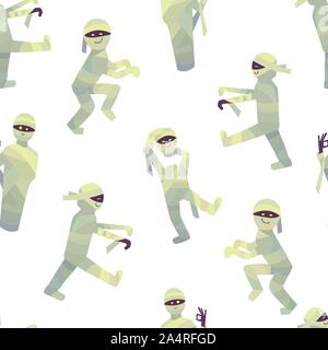 Vector seamless pattern with smiling mummies isolated on a white background. Zombie with purple skin and yellow glowing eyes. Happy Halloween. Endless Stock Vector