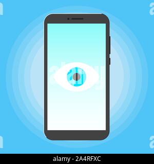 Big brother concept. Smart phone spying with big eye on the screen isolated on light blue background flat style design vector illustration. Stock Vector