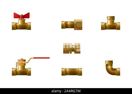 Tee, angle and valve. Plastic tube fitting. Vector illustration. Stock Vector