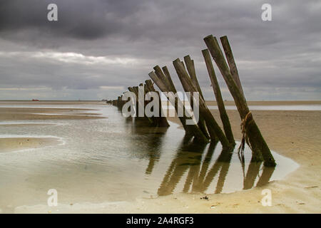 Old skewed wooden breakwater to protect the coast from erosion on the uninhabited Dutch island Griend Stock Photo