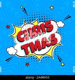 Comic Lettering Christmas In The Speech Bubbles Comic Style Flat Design. Dynamic Pop Art Vector Illustration Isolated On Rays Background. Exclamation Stock Vector
