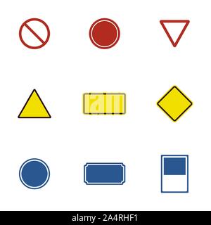 Blank red blue yellow road sign vector illustration. Empty traffic signs isolated on white background. Design blank signboard for your text Stock Vector