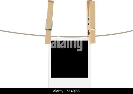 Retro photo frames hung on a rope with wooden clothespins. Stock Vector