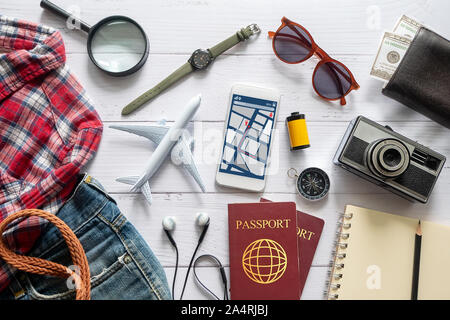 flat lay of travel item accessory, essential vacation items accessory. travel concept background Stock Photo
