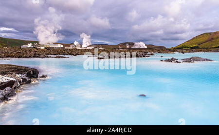 Blue lagoon panorama with termal power station in the background, Grindavik, Iceland Stock Photo