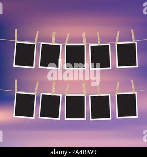 Retro photo frames hung on a rope with wooden clothespins. Stock Vector