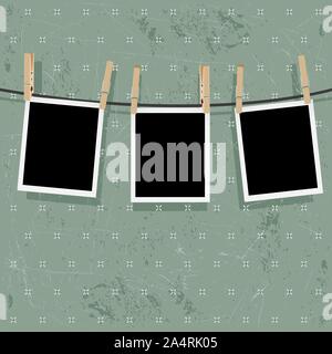 Retro photo frames hung on a rope with wooden clothespins. Stock Vector