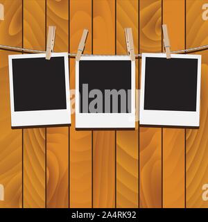 Retro photo frames hung on a rope with wooden clothespins. Stock Vector