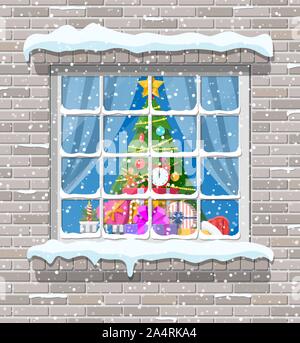 Christmas window in brick wall. Living room with fir tree and gifts. Happy new year decoration. Merry christmas holiday. New year and xmas celebration. Vector illustration flat style Stock Vector