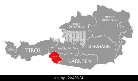 Tyrol red highlighted in map of Austria Stock Photo