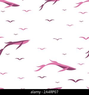 Flying whales and birds. Seamless pattern. Transparent background Stock Vector