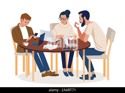 Business people busy preparing team project outdoor in modern cafe setting. Colorful flat cartoon style isolated vector illustration Stock Vector