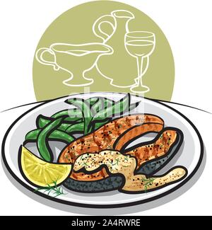 grilled salmon steak on plate with sauce, spinach, condiments, wine and lemon Stock Vector