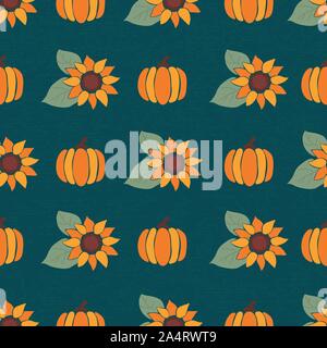 Pumpkins and bright sunflowers on dark blue seamless vector background. Autumn, fall, harvesting repeating pattern. Use for Thanksgiving, wrapping Stock Vector