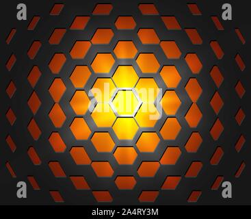 Abstract industrial realistic embossing volume hexagonal texture, depressed 3d hexagon black background, geometric grid. Hot orange and yellow flare Stock Vector