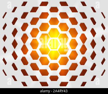Abstract industrial realistic embossing volume hexagonal texture, depressed 3d hexagon white background, geometric grid. Hot orange and yellow flare Stock Vector